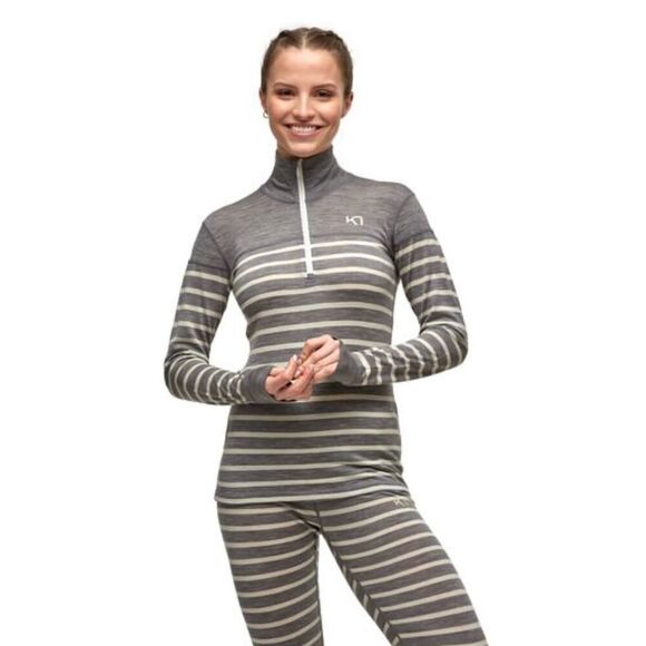 Kari Traa Maske Half Zip Base Layer Top Wool Gray White Women Large 1/4 Zip New‎ - Picture 1 of 12